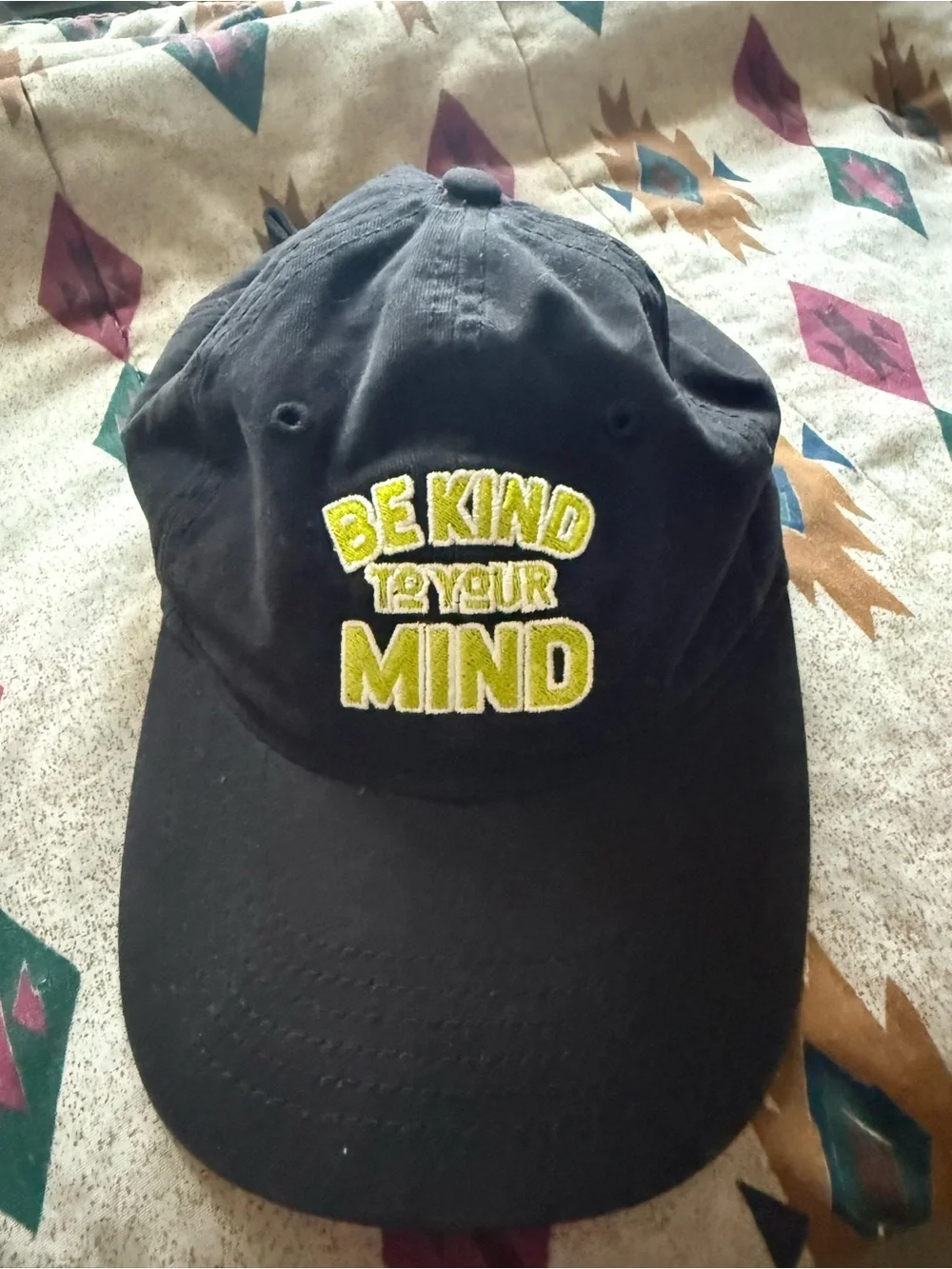 Black Baseball Cap with Yellow 'Be Kind To Your Mind' 100% cotton